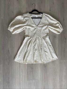 V-Neck XS linen dress Puff Sleeve Floral cream color green peplum print
